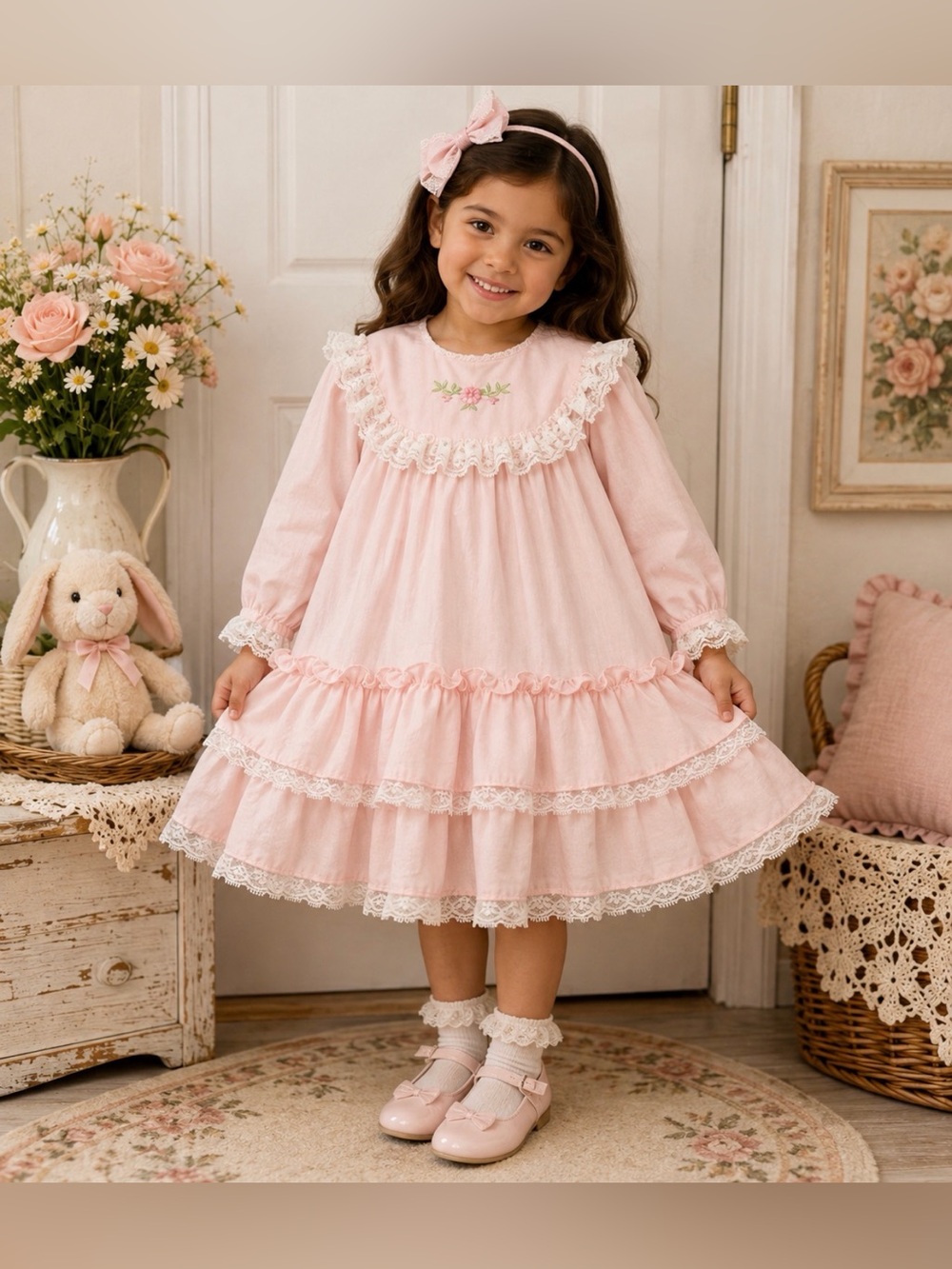 Vintage-Inspired Pink Lace Baby Dress’s size 6 months